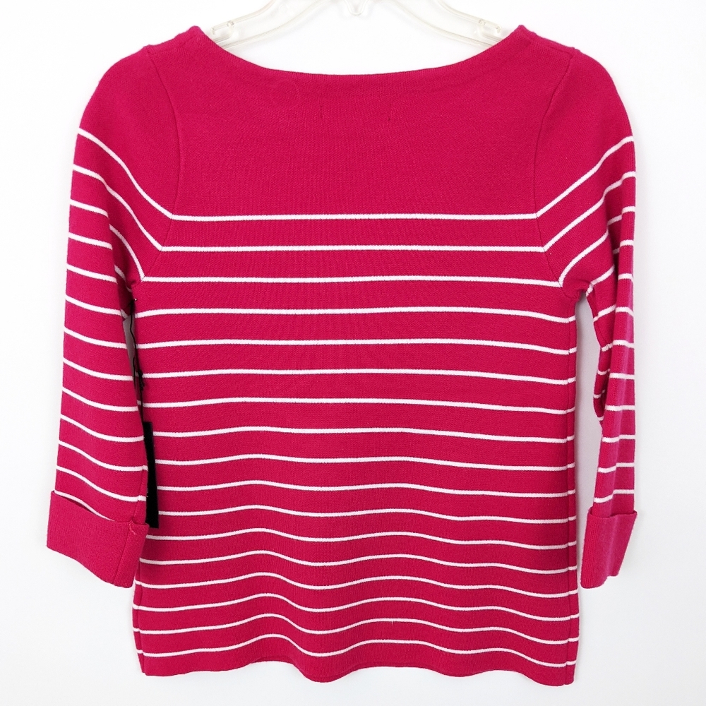 Tahari Sweater NWT Boatneck Stripe Sweater XS Fuschia Pink 3/4 Sleeve - Picture 2 of 7